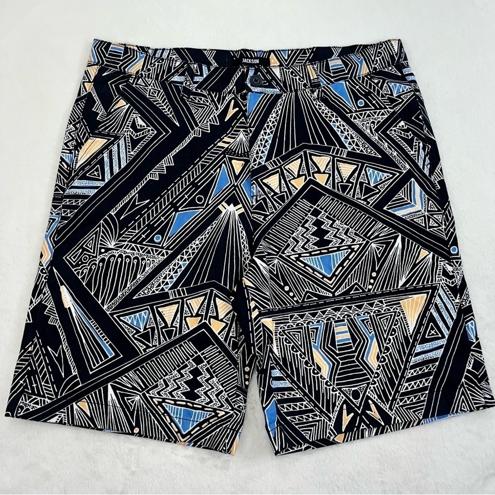 Jackson Shorts Mens 33X9 Black Blue Orange Geometric Flat Front‎ Bermuda Cotton